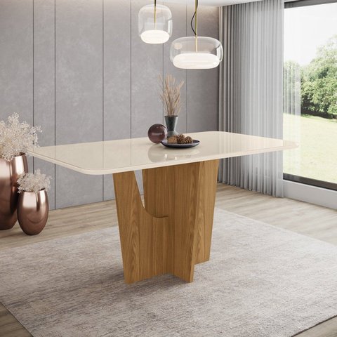 Mesa de Jantar 160x90cm Tampo Vidro/MDF Canto Arredondado Vértice