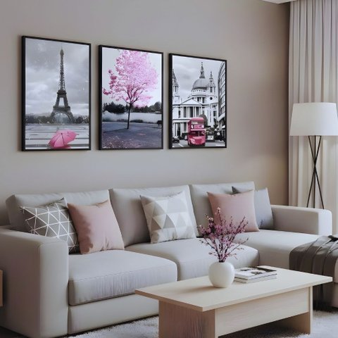 Kit 3 Quadros Paris França Moldura:preta