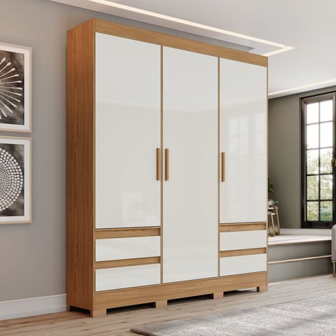 Guarda Roupa Casal 3 Portas 4 Gavetas Lema Bege/Nature/Off White