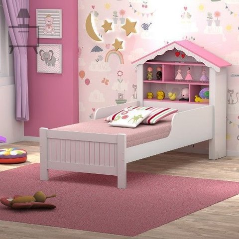 Cama Infantil Casa Princesa Rosa com Nichos Mdf + Colchão S