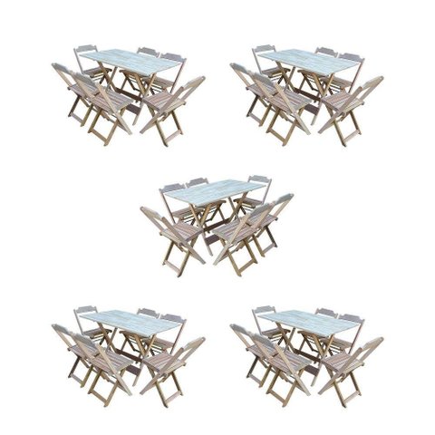 Kit 5 Jogos De Mesa Dobravel Com 6 Cadeiras De Madeira 120X70 Para Restaurante E Bar - Sem Pintura