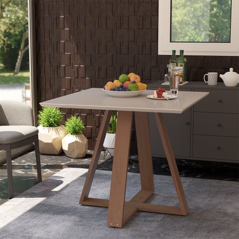 Mesa de Jantar Quadrada Manu Base Madeira Maciça 90cm - Off White