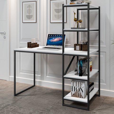 Mesa Industrial para Escritório com Prateleira Frist Preto e Branco
