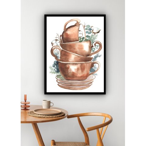 Quadro Decorativo Xícaras Empilhadas Cozinha - 70x50cm:moldura Preta