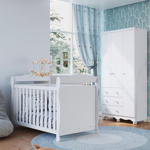 Quarto de Bebê com Guarda-Roupa 3 Portas e Berço Minicama 100% MDF Nina Espresso Móveis Branco/Brilh