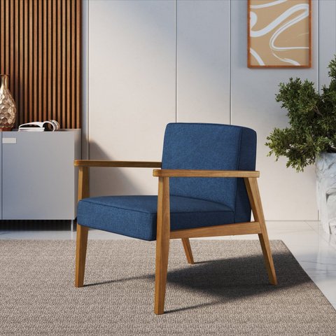 Poltrona Decorativa Madeira Maciça Jequitibá Assento com Persintas Elásticas e Algodão Julia Nogueira/Azul
