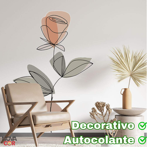 Adesivo de Parede Flor Rosa Folhas Verde Pastel Contemporâneo