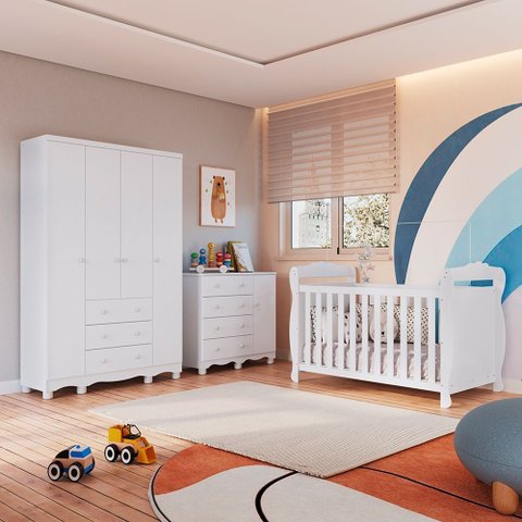 Quarto de Bebê Completo Berço 3 em 1, Cômoda e Guarda Roupa 100% MDF Nina Espresso Móveis Branco