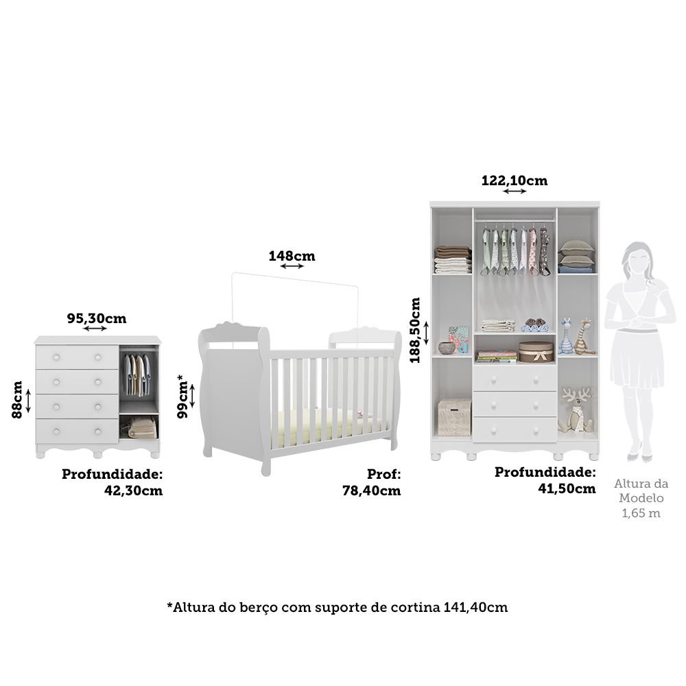 Quarto de Bebê Completo Berço 3 em 1, Guarda-roupa 4 Portas e Cômoda 100% MDF Nina Espresso Móveis - 3