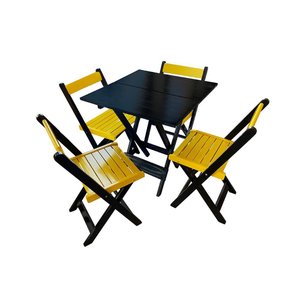Mesa de Madeira Dobrável Preto 70x70 com 4 Cadeiras Dobráveis Amarelo