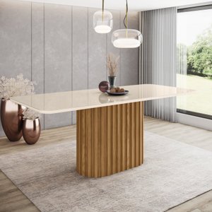 Mesa de Jantar 200x90cm Tampo Vidro/MDF Canto Arredondado Solana