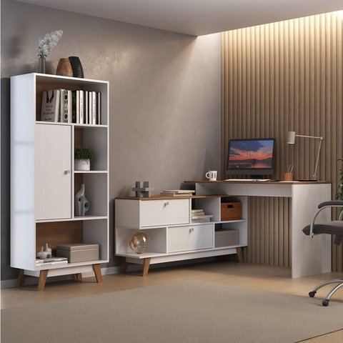 Kit 2 Peças com Escrivaninha em L e Estante 1 Porta Retrô