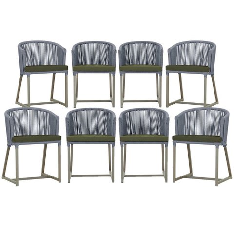 8 Cadeiras de Jantar Área Noronha em Alumínio com Pintura Fendi Corda Náutica Estofado 13 Trama Orig