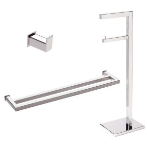 Kit de Acessorios para Banheiro com 3 Peças em Aço Inox Polido Linha Larissa com Toalheiro Duplo Sta