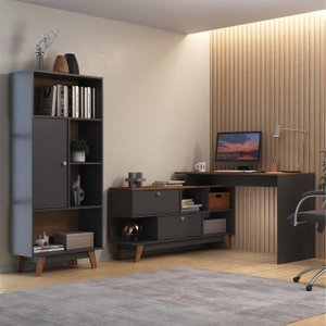Kit 2 Peças Escrivaninha em L 120x136cm e Estante 1 Porta Retrô 
