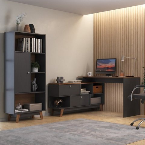 Kit 2 Peças Escrivaninha em L 120x136cm e Estante 1 Porta Retrô