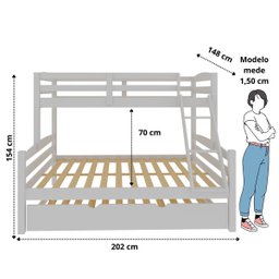 Treliche Casal de Madeira com Cama Auxiliar de Solteiro Branco - 3