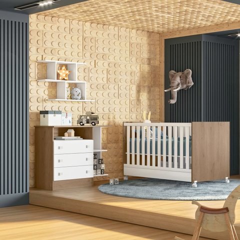 Kit Berço Mini Cama com Rodízio e Cômoda Infantil 3 Gavetas com Nicho Brilhar Q01 Carvalho Rústico/B