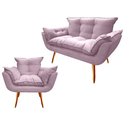 Kit Namoradeira + Poltrona Decorativa Opala Suede Rosê Pés Madeira Mz Decor