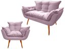 Ver imagem 1 de Kit Namoradeira + Poltrona Decorativa Opala Suede Rosê Pés Madeira Mz Decor