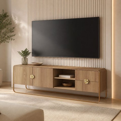 Rack para Sala de Estar TV 65 pol Industrial Orgânico Alek A03 Hanover Dourado - Lyam Decor