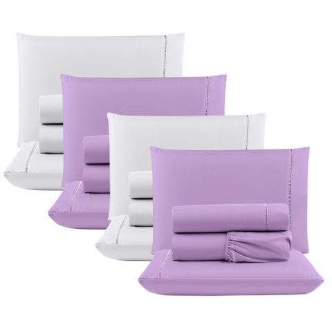 Kit c/ 4 Jogos Cama Lençol Unique Casal Padrão Micro Percal 400 Fios Ponto Palito 4 Peças - Lilás + 