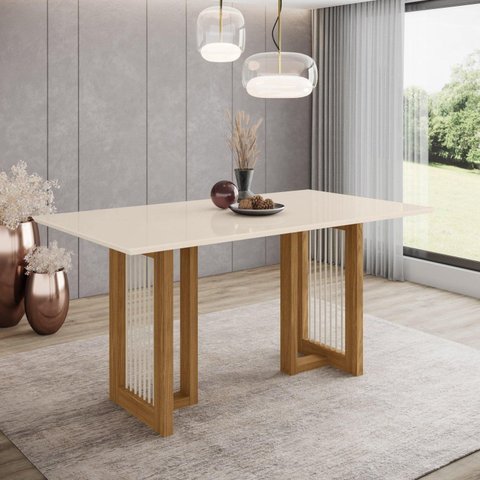 Mesa de Jantar 160x90cm Tampo MDF Canto Reto Yara Bege/Nature/Off White