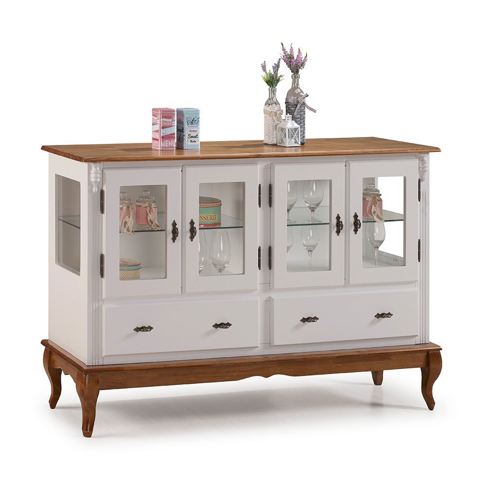 Buffet Aparador 4 Portas 2 Gavetas Prateleiras em Vidro 60510 Linz Móveis - Off White/Imbua Glazer