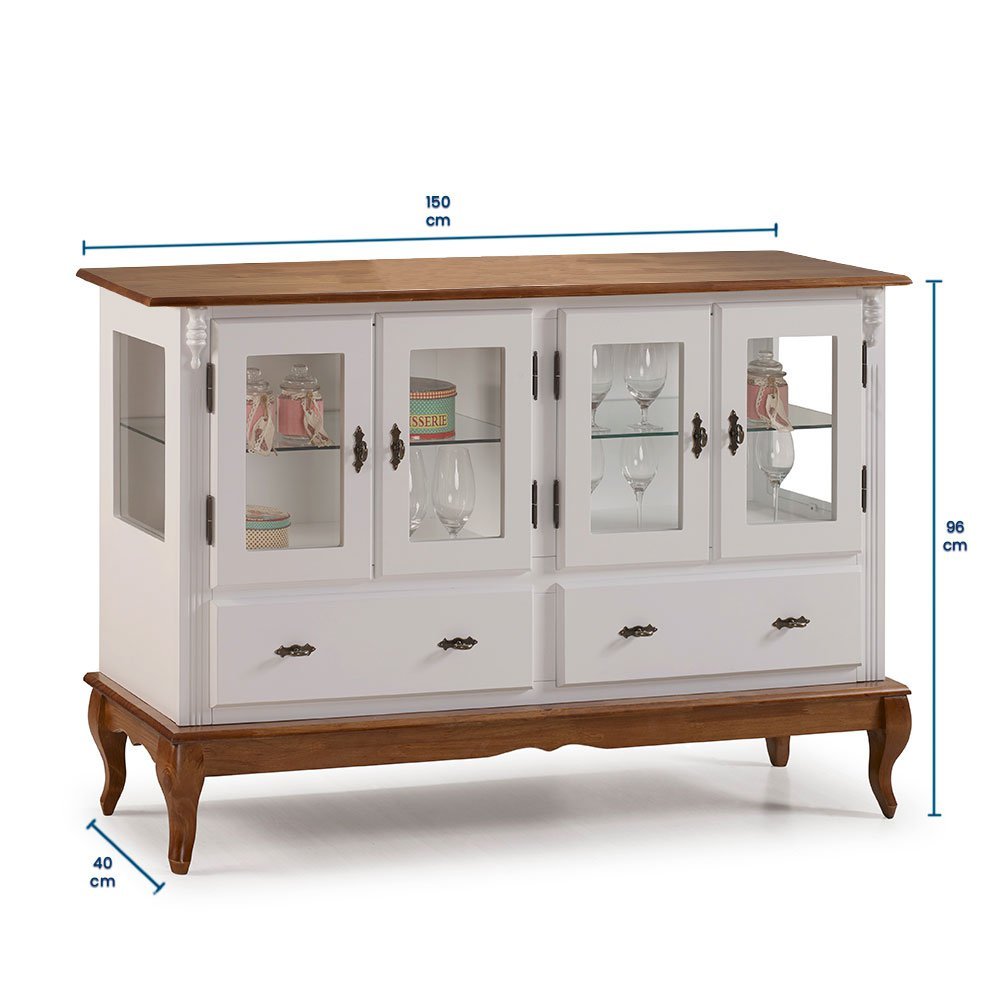 Buffet Aparador 4 Portas 2 Gavetas Prateleiras em Vidro 60510 Linz Móveis - Off White/Imbua Glazer - 4