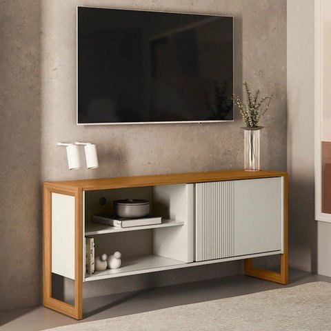 Rack para TV até 55 Polegadas MDF 141cm Gold Branco Nature/Off White