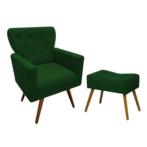 Kit Poltrona Decorativa Aurora + 1 Puff Retangular Suede Verde Pés Madeira Mz Decor