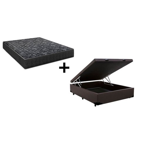 Cama Box Baú Casal 138 Tecido Sintético Marrom com Colchão Lisboa Espuma D28 Preto