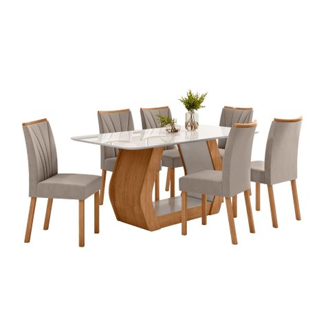 Conjunto Sala de Jantar Mesa Laini 160 Tampo Vidro Off White com 6 Cadeiras Téssera - Lopas Amendoa 