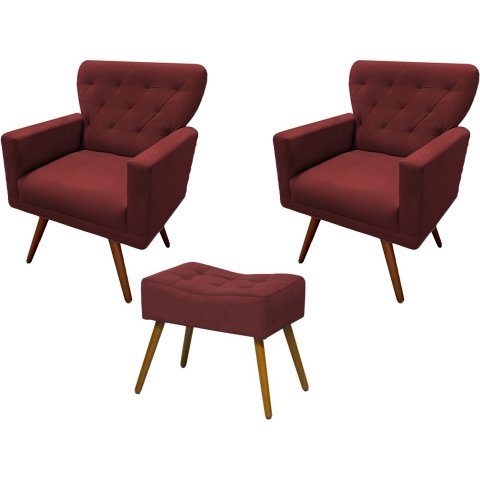 Kit 2 Poltronas Decorativa Aurora + 1 Puff Retangular Suede Marsala Pés Madeira Ms Decor