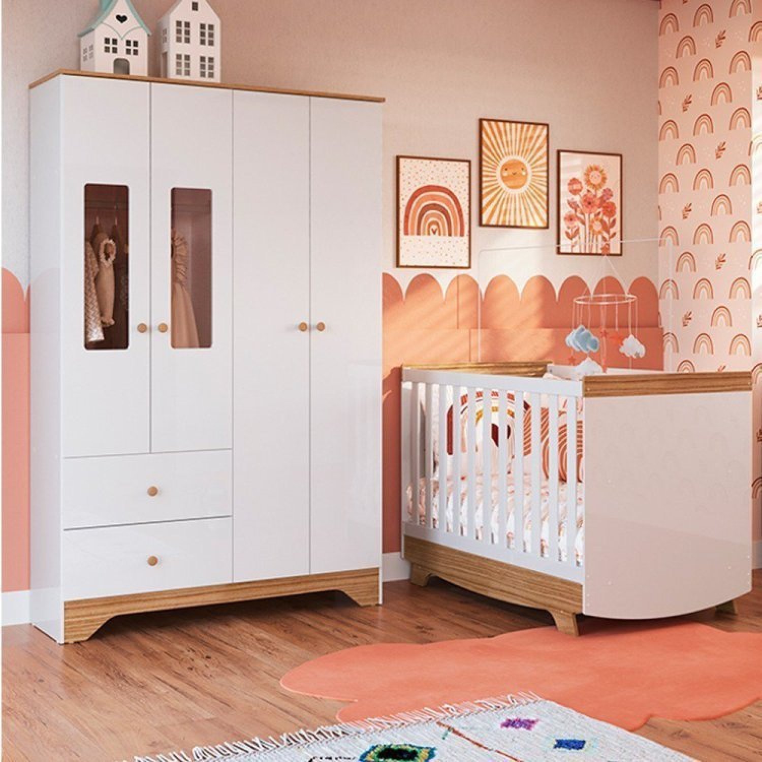 Quarto de Bebê Berço Americano e Guarda Roupa com Janelas Retangulo Cocada - 1