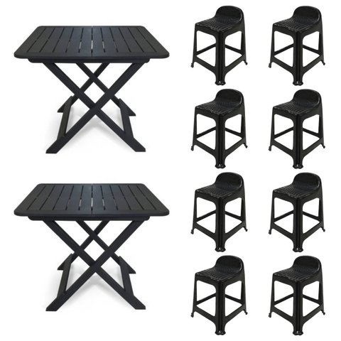 2 Mesas Quadradas Dobráveis 80x72cm Preta + 8 Banquetas com Encosto
