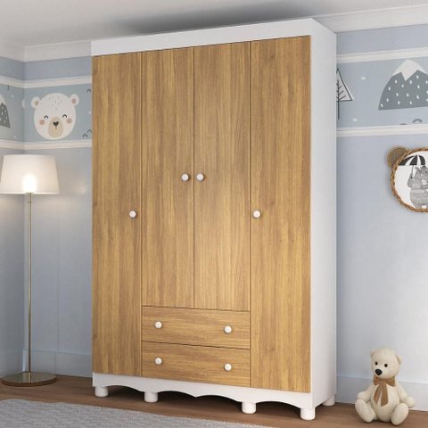 Guarda-roupa Infantil 122cm 4 Portas e 2 Gavetas Dengo Multimóveis Mp4438 Branco/madeirado Branco/