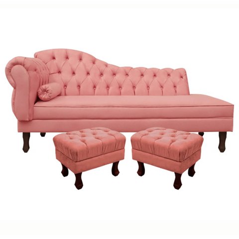 Divã Recamier Namoradeira Larissa 140cm com Capitonê - Direita + 02 Puffs Retrô Suede
