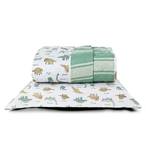 Kit Cobre Leito Colcha Solteiro Infantil Lutti Dupla Face 200 Fios 2 Peças Dinossauro Verde
