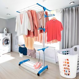 Varal 3 Andares Roupa Dobrável Aço 4 Rodas Reforçado Azul - 3