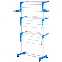 Varal 3 Andares Roupa Dobrável Aço 4 Rodas Reforçado Azul - 2