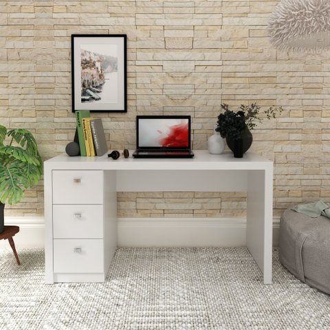 Mesa Escrivaninha para Escritório Home Office 136cm com 3 Gavetas Me4102 Cor:branco