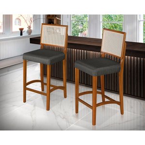 Banqueta Alta Roma Rattan Luxo Balcão Banco Puff Pés Madeira em Madeira Maciça Premium Cor Cinza