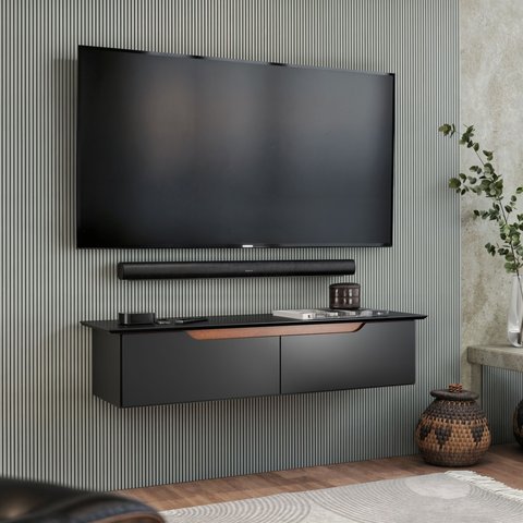 Rack Sala de Estar Suspenso Prateleira Suspensa Quarto Tv Preto Freijó