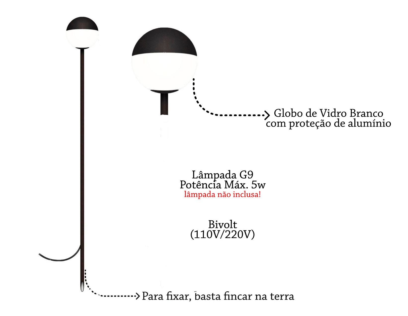 5 Balizador Espeto Externo Jardim Preto Globo Vidro Branco Lup35 - 3