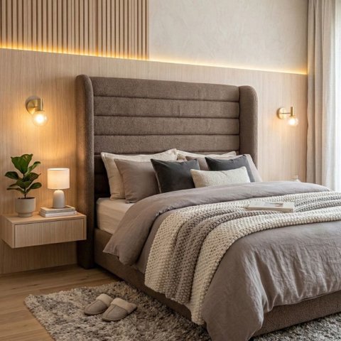 Cabeceira Cama Casal Queen Duna 160cm Orgânica Curva Bouclê Cappuccino - Vimont Moveis