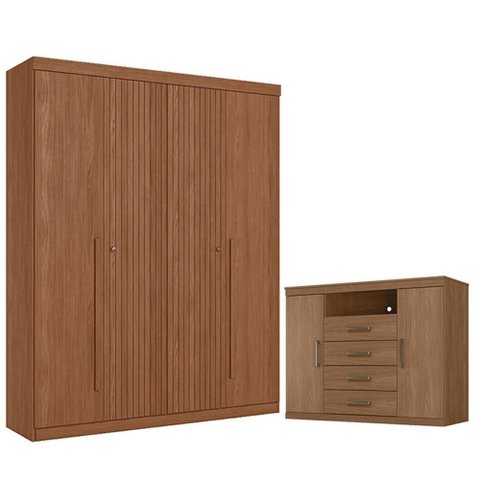 Guarda Roupa Casal Ripado 4 Portas Buriti e Cômoda Havana Master Jatobá Acetinado - Santos Andirá