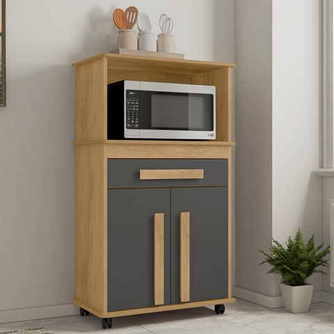 Armário Multiuso Toronto com 2 Portas 1 Gaveta e Nicho para Micro-Ondas com Rodízios Cinza/Cinamomo/Grafite