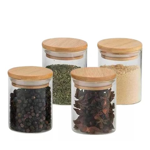Kit 4 Potes Vidro Tampa Bambu Hermético Temperos 200ml