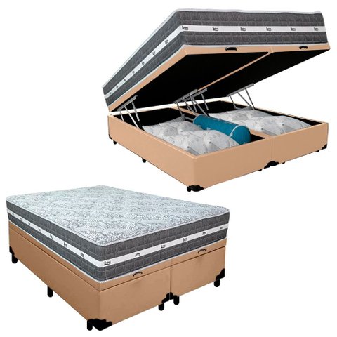 Cama Box Baú Casal Bipartido Sintético + Colchão Anjos Black Graphite Molas Ensacadas 138x188x64cm B